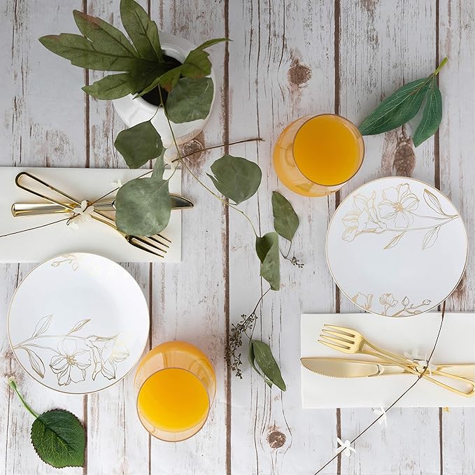 PLASTICPRO White Plastic Floral Design Party Plates With Gold Rim Premium heavyweight Elegant Disposable Tableware Dishes (120, 6'' INCH PLATES)