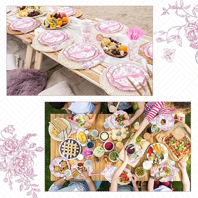 Kochorie 144 Pieces Pink Floral Paper Plates and Napkins Party Supplies, Pink and White Flower Tableware Set Include Vintage Scalloped Plates Napkins Cups Forks for Wedding Birthday Tea Party