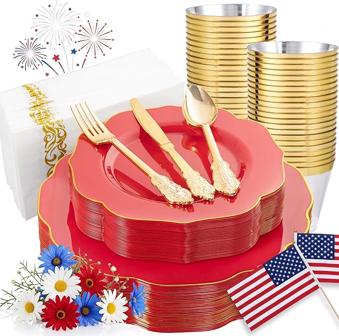 NOCCUR 175PCS Red Plastic Plates with Gold Disposable Silverware - Include 50 Red Gold Plastic Plates,25 Knives,25 Forks,25 Spoons,25 Cups and 25 Napkins - Ideal for Party/Independence Day/Wedding