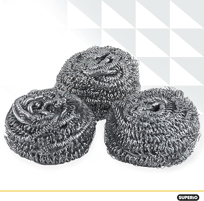 Superio Stainless Steel Scourers Steel Wool Scrubber Pad Used for Dishes, Pots, Pans, Grill, Stoves, and Ovens, Easy scouring for Tough Kitchen Cleaning (12)