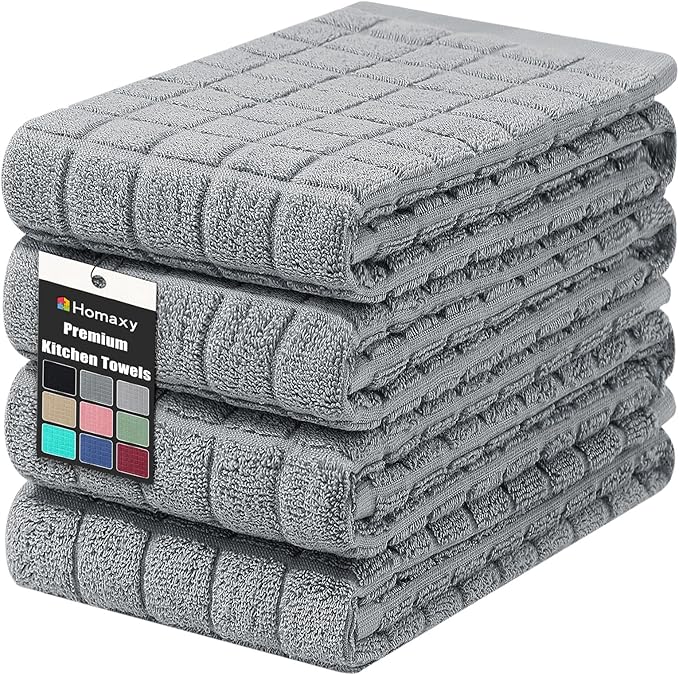 Homaxy Premium Cotton Kitchen Towels 16"x 28", Large Natural Ring Spun 390 GSM Dish Towels, Super Absorbent Terry Kitchen Hand Towels, Soft Tea Towels with Hanging Loop, Pure Grey Check Design, 4 Pack