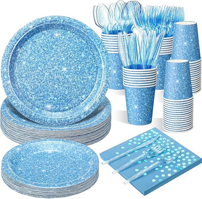 Hushee 175 Pcs Light Blue Holographic Print Party Supplies Guests Disposable Dinnerware Set Include Paper Plates, Napkins, Cups, Plastic Cutlery for Wedding Birthday Disco Bachelorette