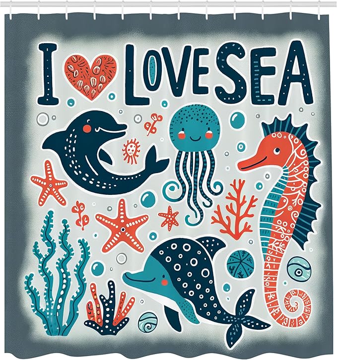 Ambesonne Nautical Shower Curtain, I Love Sea Lettering Happy Ocean Scenario Seahorse Dolphin Jellyfish Funny, Cloth Fabric Bathroom Decor Set with Hooks, 69" W x 75" L, Blue Coral Coconut