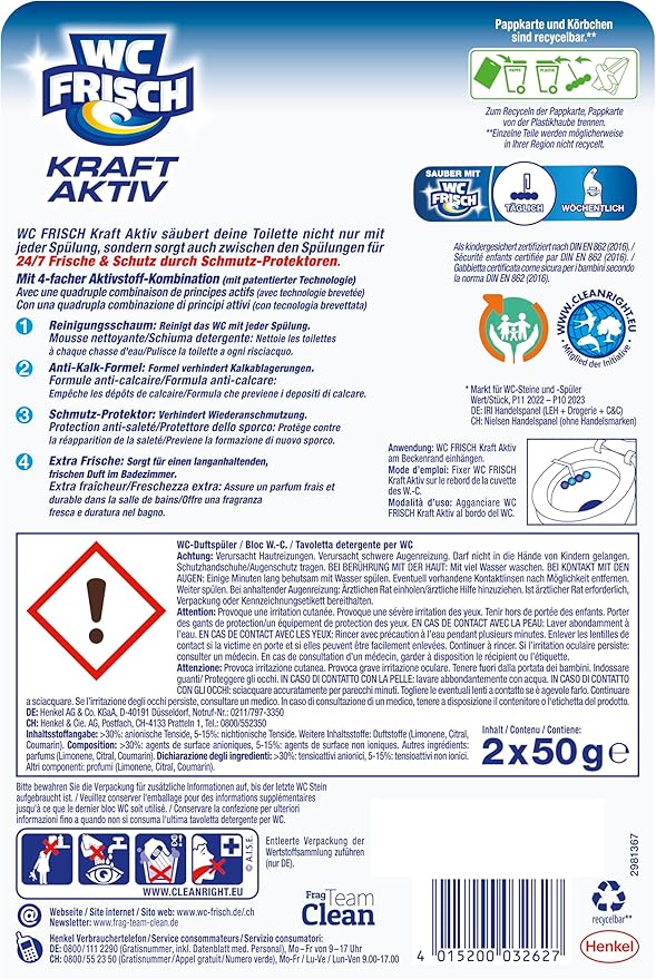 WC-Frisch Kraft Active Fragrance Rinser Fresh Breeze (2 x 50 g), Toilet Cleaner for Cleaning with Every Flush, Fragrance Stones for Long-Lasting Fresh Fragrance, + 50% Anti-limescale Effect
