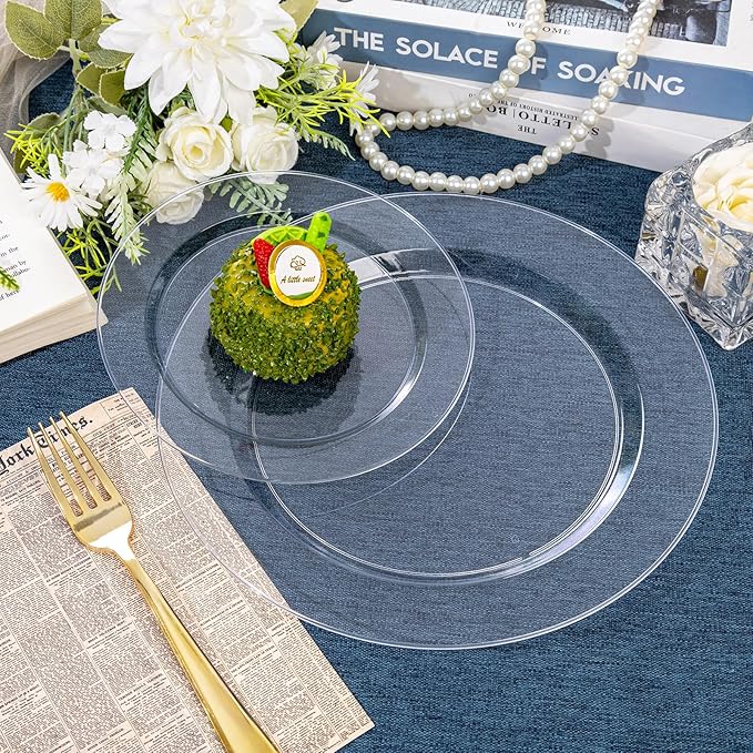 FLOWERCAT 200PCS Clear Plastic Plates Disposable Plates for Party - Heavy Duty Plastic Plates - 100 10" Dinner Plates and 100 7" Salad Plates for Weddings, New Year,Christmas Parties and Events