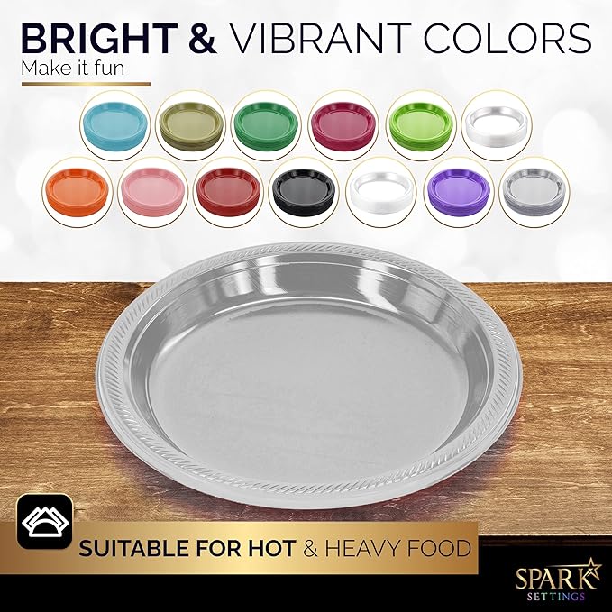 Amcrate Disposable Plastic Plates Silver, 10.4 Inches Plastic Dinner Plates, Strong and Sturdy Disposable Plates for Party, Dinner, Holiday, Picnic, or Travel Party Plates, Pack of 50