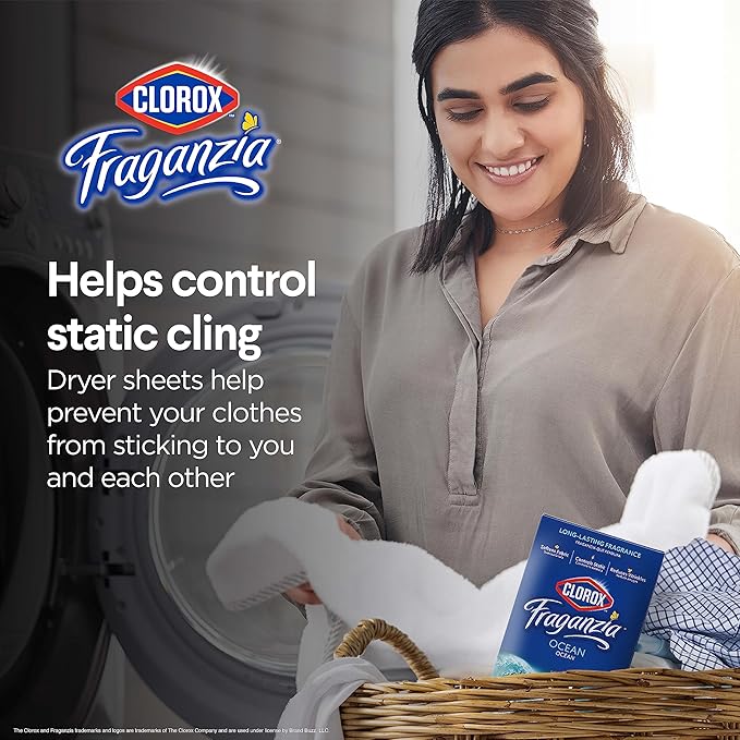 Clorox Fraganzia Fabric Softener Dryer Sheets, Wrinkle Reducing and Anti Static Laundry Dryer Sheets for Great Smelling Clothes, Softens Fabrics, Fresh Ocean Scent, 105 Count
