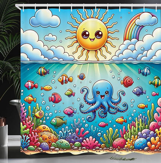 Ambesonne Ocean Shower Curtain, Nautical Happy Sun Octopus and Fish Characters with Cloudy Sea Scenery, Cloth Fabric Bathroom Decor Set with Hooks, 69" W x 84" L, Mustard Blue Multicolor