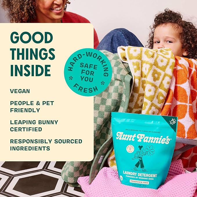 Aunt Fannie's Powder Laundry Detergent, Deep Cleaning, Plant Based, Natural Ingredients, 70 Loads Per Bag, Fragrance Free, 88 Oz