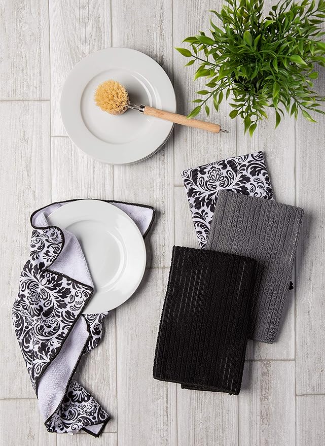 DII Cleaning Collection Multi-Purpose Microfiber, Black Damask, Dishtowel Set