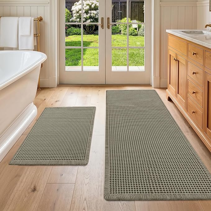 DWCN Set of 2 Waffle Bathroom Mats, Non Slip Bath Rug Set for Bathroom Floor, Super Absorbent Shower Mats for Tub, Washable Kitchen Rugs for Farmhouse Style, 20" x 32" Plus 24" x 60", Olive Green