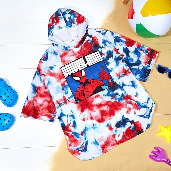 Marvel Spiderman Kids Changing Robe, Hooded Towel Poncho Boys Girls, Avengers Wearable Towel for Swim Surf, Gifts for Kids (Multi Spiderman, 6-9 Years)