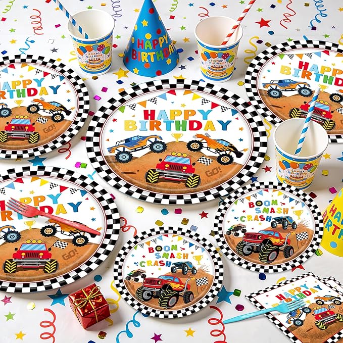 96 Pieces Monster Truck Plates and Napkins Birthday Party Supplies, Black and White Checked Monster Car Disposable Tableware with Paper Plates Napkins and Forks for Birthday Party Decor - Serves 24