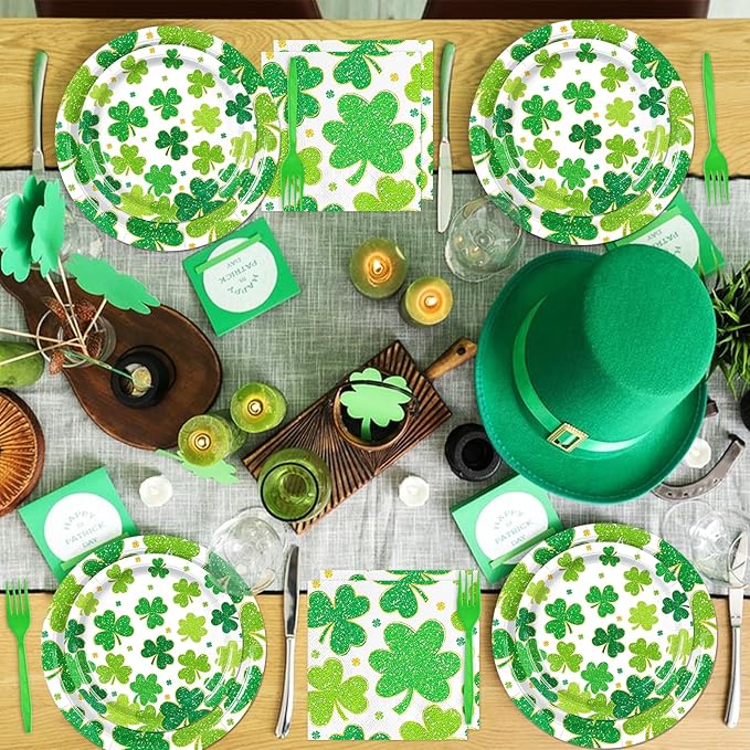 100 Pieces St. Patrick’s Day Party Tableware Set – Shamrock Clover Plates, Napkins and Forks, Green Disposable Dinnerware for Irish Party and Lucky Clover Party Supplies