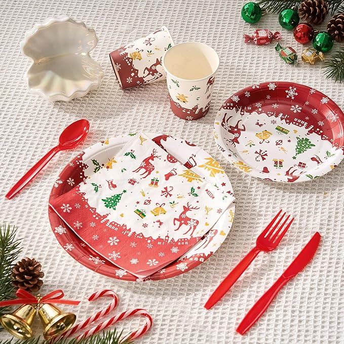 Fijinhom Christmas Paper Plates Set, 350 PCS Elk, Candy cane and Gifts Party Supplies, Disposable Dinnerware Set for 50 Guests, Paper Plates Napkins Cups for Christmas Eve