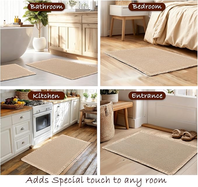 DWCN Waffle Bathroom Mat Set, Super Absorbent Non Slip Bath Rugs Set for Bathroom Floor, Shower Mats 2 Piece for Tub, Washable Kitchen Rugs for Farmhouse Boho Home Decor, 20 x 32 Inch, Brown