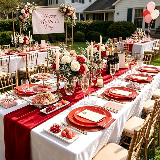 NOCCUR 350PCS Red Plastic Plates - Disposable Red Gold Dinnerware Set for 50 Guests, 100 Dinner/Dessert Plates, 150 Gold Silverware, 50 Cups&50 Napkins for Party/Wedding/Mother's Day