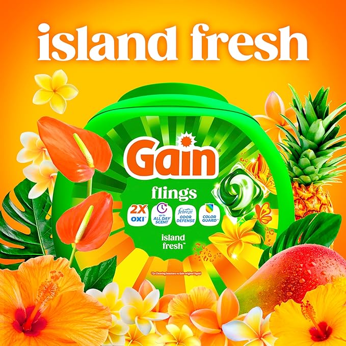 Gain Flings Liquid Washing Detergent Pacs with Odor Defense + Color Guard, Island Fresh Scent, 4-In-1 Liquid Laundry Detergent Pods, Clean & Fresh, 60 Count (Packaging May Vary)
