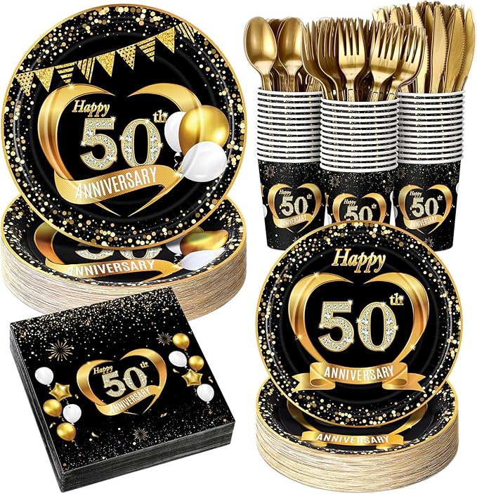 Pickmesh 400 Pcs 50th Wedding Anniversary Party Supplies - Black and Gold Disposable Paper Plates, Napkins and Cups - Tableware Decorations for Men and Women