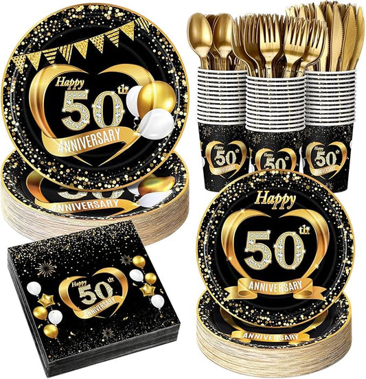 Pickmesh 400 Pcs 50th Wedding Anniversary Party Supplies - Black and Gold Disposable Paper Plates, Napkins and Cups - Tableware Decorations for Men and Women