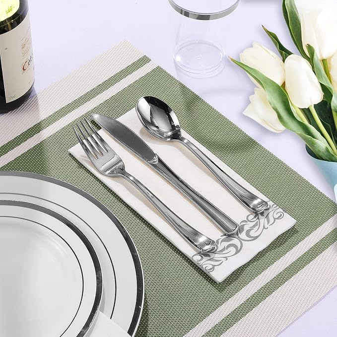 FOCUSLINE 175 Count Silver Dinnerware Set for 25 Guests - Silver Rimmed Disposable Plastic Plates Heavy Duty, Includes 25 Dinner & Salad Plates, Cups, Cutlery Set for Wedding Parties