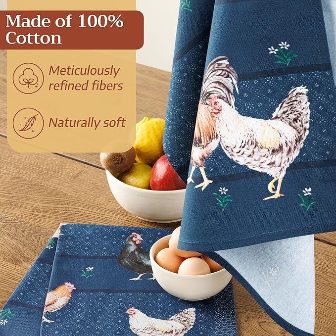 Maison d'Hermine Kitchen Towels Set of 2 100% Cotton 27.50" x 20" Reusable Cloth Tea Dish Towels Absorbent with Hanging Loop for Kitchen, Home, Dining, Cocktail Parties (Meadow Rooster)