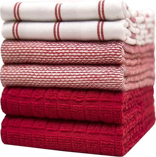 Premium Kitchen Towels (20”x 28”, 6 Pack) | Large Cotton Dish Towels | Flat & Terry Highly Absorbent Kitchen Linen Set with Hanging Loop | Red Check