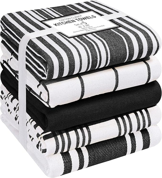 Cotton Clinic Assorted Kitchen Towels 5 Pack – Soft Absorbent Quick Drying Table & Kitchen Linen - Dish Towels, Dish Cloths, Tea Towel and Cleaning Towel with Hanging Loop – 16x28 / Black White