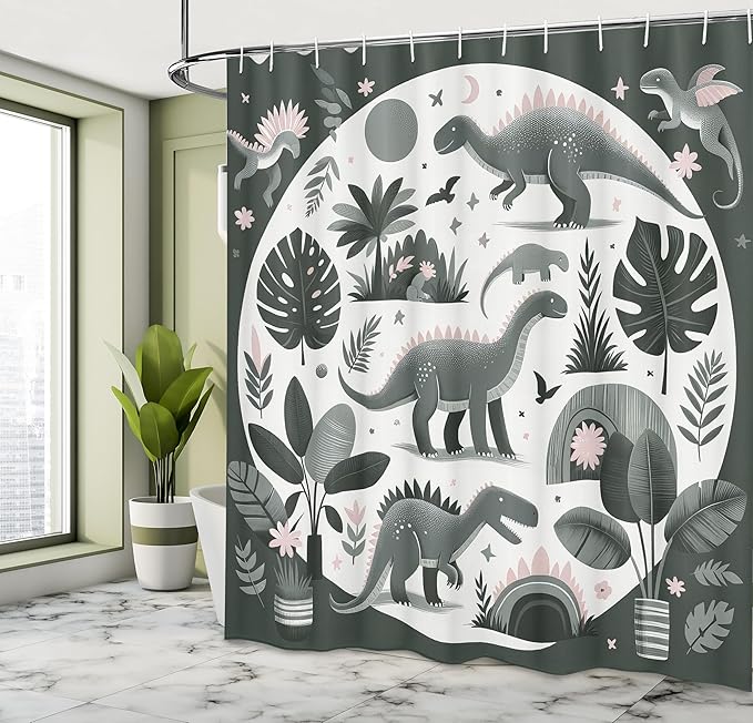 Ambesonne Dinosaur Shower Curtain, Dreamy Exotic Monstera Leaves and Jurassic Animals with Flowery Joy, Cloth Fabric Bathroom Decor Set with Hooks, 69" W x 70" L, Grey Teal Off White Rose