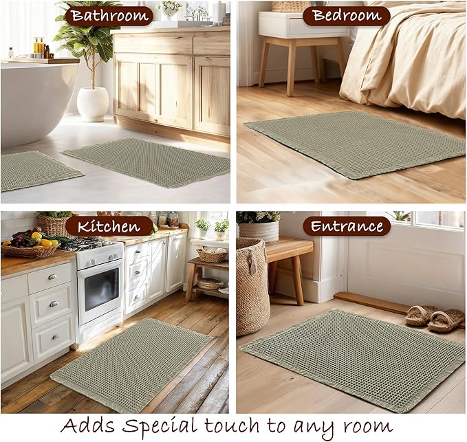 DWCN Set of 2 Waffle Bathroom Mats, Non Slip Bath Rug Set for Bathroom Floor, Super Absorbent Shower Mats for Tub, Washable Kitchen Rugs for Farmhouse Style, 16" x 24" Plus 24" x 60", Olive Green