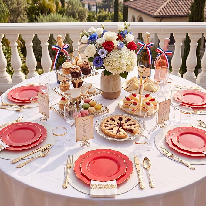 NOCCUR 175PCS Red Plastic Plates with Gold Disposable Silverware - Include 50 Red Gold Plastic Plates,25 Knives,25 Forks,25 Spoons,25 Cups and 25 Napkins - Ideal for Party/Independence Day/Wedding