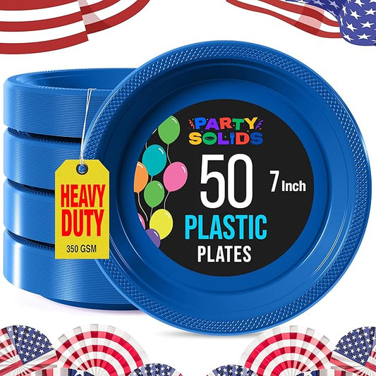 Exquisite Party Solids Dark Blue Plastic Plates For Party Supplies 7" Dark Blue Disposable Plates Heavy Duty 50 Pcs Plastic Dinnerware Sets Heavy Duty 350 GSM Disposable Dinnerware Set