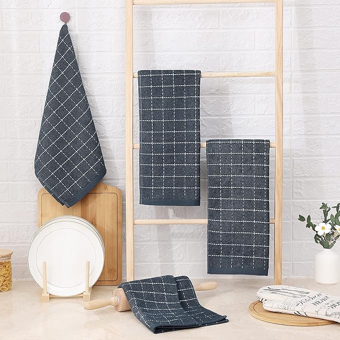 Homaxy 100% Cotton Terry Kitchen Towels(Dark Grey, 13 x 28 inches), Checkered Designed, Soft and Super Absorbent Dish Towels, 24 Pack