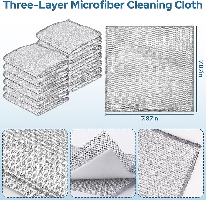 12PCS Three Layer Steel Wire Dishcloth, Multi-Functional Non-Scratch Wire Dishcloth, Wet and Dry Cleaning Rags, Stainless Steel Cleaning Cloth, Kitchen Rags for Cookware, Plates, Stove Tops