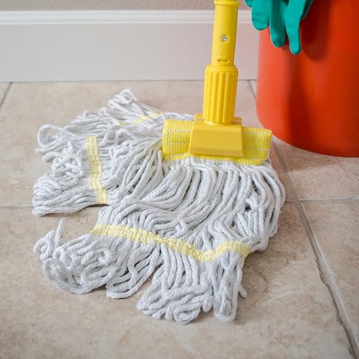 SPARTA Flo-Pac Cotton Mop Head, Loop-Ended, Wide Band with 5" Yellow Band for Organized Cleaning, Small, White, (Pack of 12)