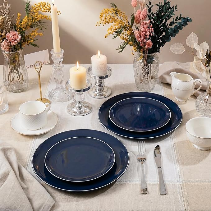 KIRE 200PCS Blue Plastic Plates with Silver Rim - Navy Blue Plastic Plates Include 100 Dinner & Dessert Plate - Heavy Duty Dark Blue Disposable Plate for Graduation/Parties/Memorial Day/Father's Day