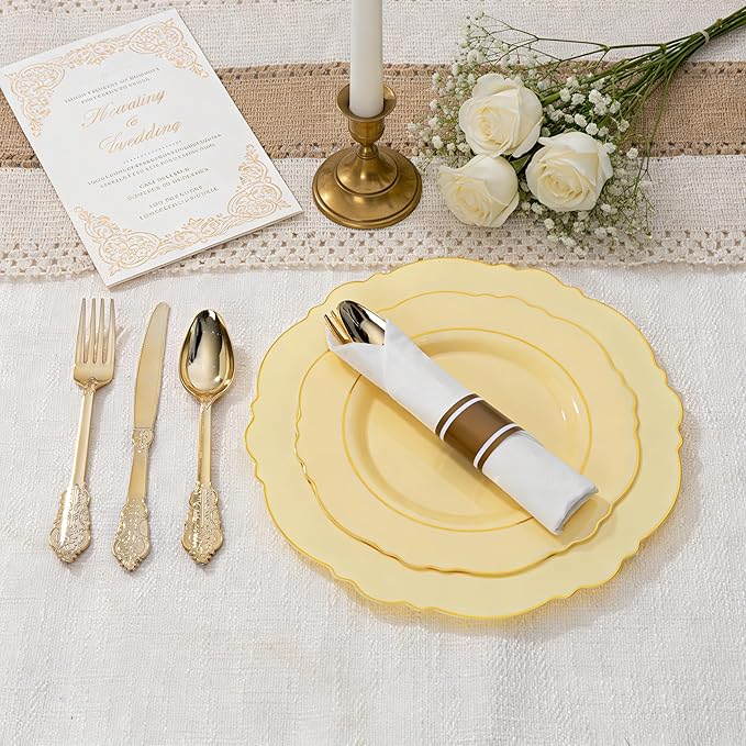 Liacere 350PCS Yellow Plates - Yellow Disposable Plastic Plates With Gold Rim-50Guest Plastic Dinnerware include 100 Plates,50 Pack Pre Rolled Napkins with Silverware 50Cups for Wedding＆Mother's Day
