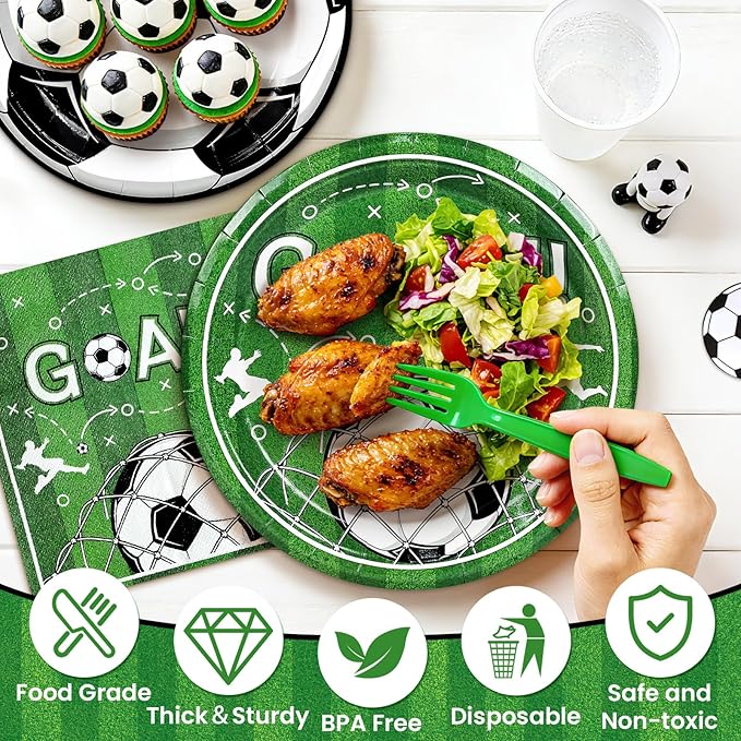 Mulbozy 100 Soccer Party Decorations, Soccer Themed Plates and Napkins Disposable Set Includes 25-9" & 25-7" Dessert Cake Plates, Napkins, Forks for for Birthday Party Supplies