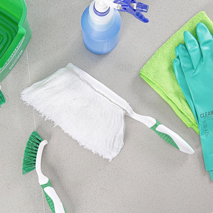 Restaurantware Duster 10 Pack of 13.7 x 2.1 x 2.5 Inch Cotton Duster Washable Multipurpose Cleaning Tool Non-Slip Handle Green and White Dust Remover Tool