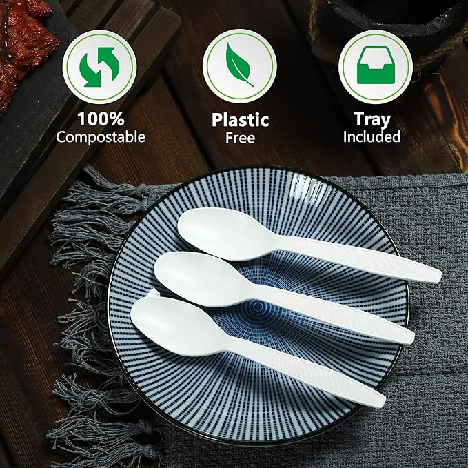 Compostable Spoon,100 Biodegradable Silverware for Party,Large Disposable Utensils Eco Friendly Durable and Heat Resistant,Alternative to Plastic Spoon