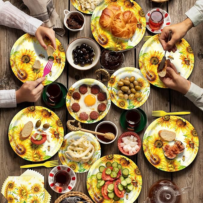100 Pieces Sunflower Bee Party Tableware Set – Sunflower Plates, Napkins and Forks, Yellow Floral Disposable Dinnerware for Birthday, Baby Shower and Garden Party Supplies