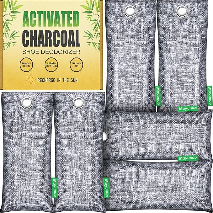Activated Charcoal Odor Absorber, Natural Shoe Deodorizer Insert, Sneaker Odor Eliminator and Moisture Absorbers. 6 Pack Bamboo Charcoal Air Purifying Bags Shoe Smell Remover