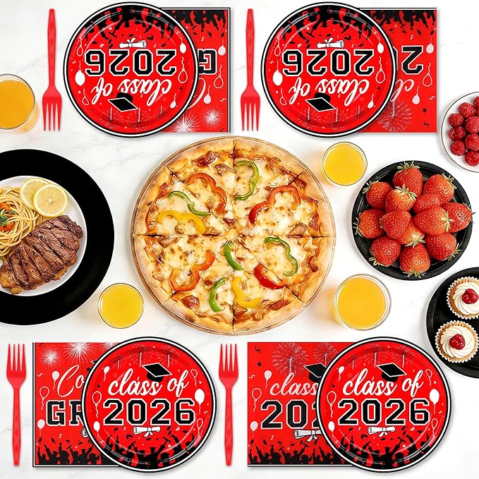 75 Pcs Graduation Plates and Napkins Party Supplies Set,Serves 25 Guests 2026 Red Graduation Plates and Napkins,Disposable Paper Tableware Set for Graduation Party Decorations