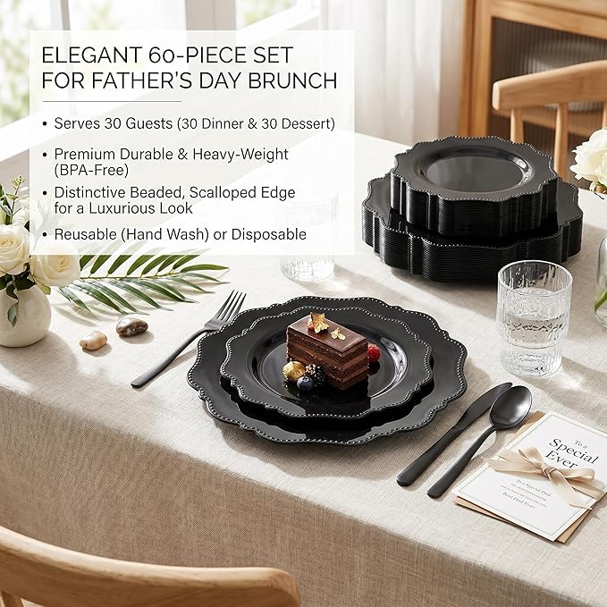 COLOSUS 60pcs Black Plastic Plates Set,Heavy Duty Black Disposable Plate for Party,Include 30PCS 10.5inch Dinner Plates and 30PCS 8.25 inch Dessert Plates for Father's Day/Wedding/Birthday