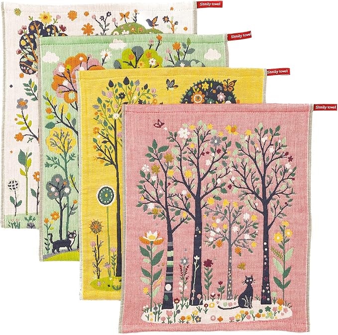 Cotton Kitchen Towels Set of 4, 4-Layer Gauze Quick Dry Decorative Dish Towels for Kitchen Drying, Absorbent Weave Cleaning Tea Towels with Hanging Loop, Exquisite Design for Gift,16" x 15"
