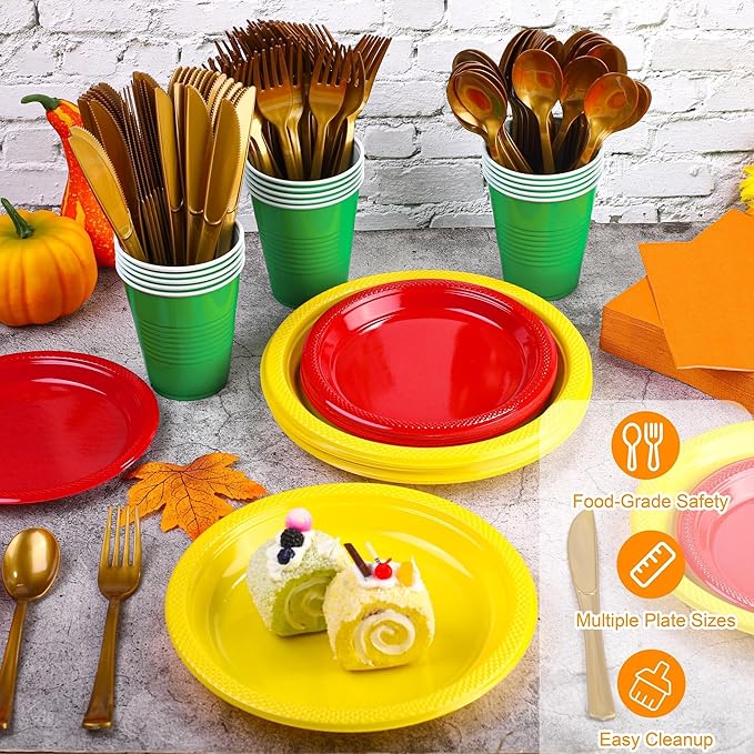 Aodaer 200 Pieces Colorful Dinnerware Set, Disposable Party Supplies Include 7/9 Inch Yellow Red Plastic Plates Green Cups Cutlery Napkins for Rainbow Birthday Party Decor, Serve 25 Guest