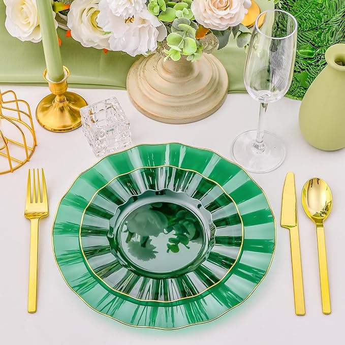 60pcs Green Plastic Plates with Gold Rim, Clear and Gold Plate, Green Diposable Plates Include 30 Dinner & 30 Dessert Plate for Party Wedding