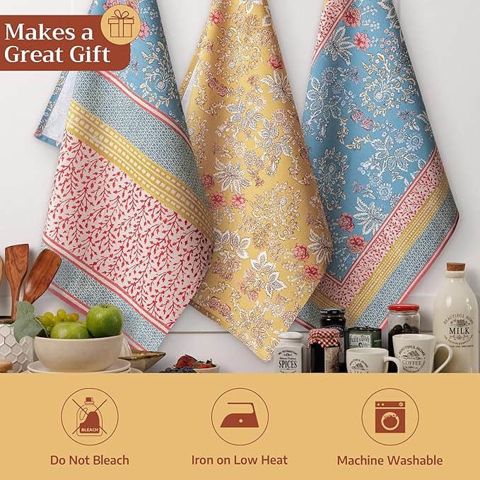 Maison d' Hermine Kitchen Towels Set of 3 100% Cotton 27.50" x 20" Reusable Cloth Tea Dish Towels Absorbent with Hanging Loop for Kitchen Farmhouse Hotel Spring Summer - Marquise