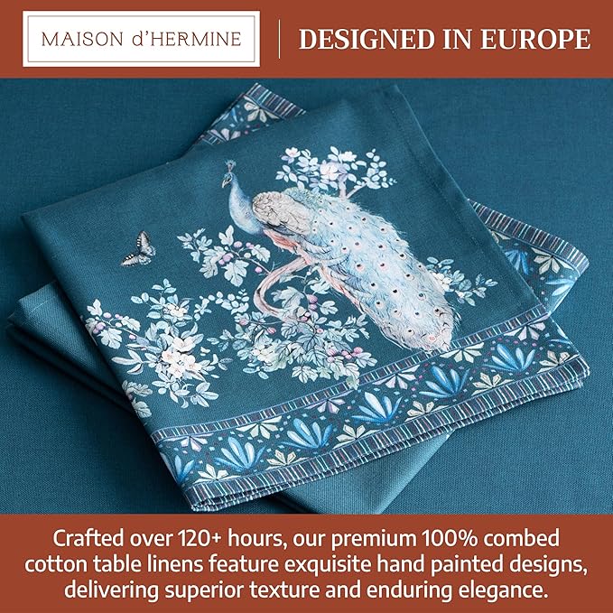 Maison d' Hermine Napkin 100% Combed Cotton Premium 20"x20" Decorative Washable Table Cloth Napkins Set of 4 for Dining, Holidays, Buffet & Wedding Use Campagne - Peacock Utopia - Deep Sea