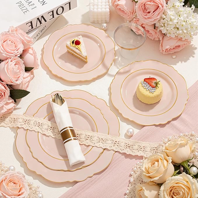 Liacere 350PCS Pink Plates Disposable-PinK Plates 50guest Baroque Plastic Dinnerware include 100Plates, 50Pack Pre Rolled Napkins with Silverware 50Cups Perfect for Wedding & Party